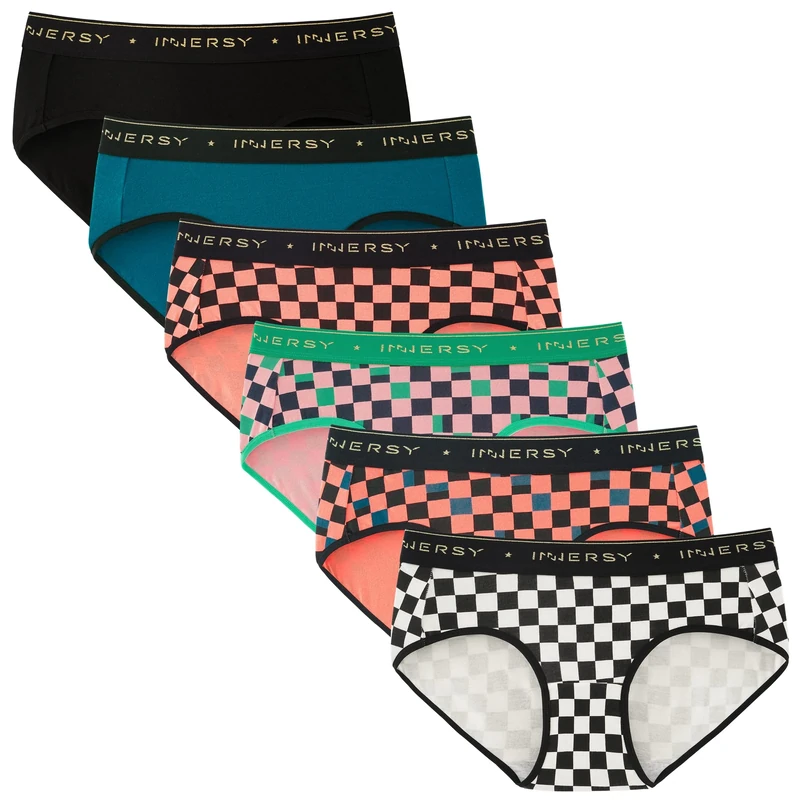 INNERSY Women's Knickers Stretch Cotton Ladies Underwear Comfy Sports Underpants Multipack 6 (12, Plaid Multicolor)