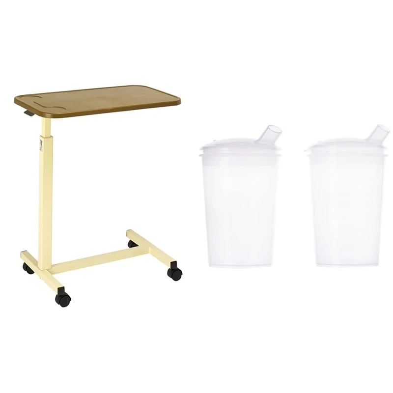 Days Overbed Table, Portable Desk with Castor Wheels, Teak and White & Homecraft Feeding Cups, Drinking and Eating Aid, Safe Plastic, For Elderly/Disabled Users, Standard, 250ml