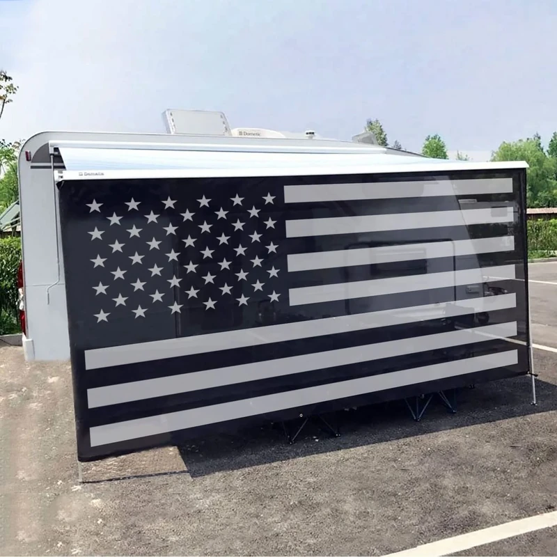 Tentproinc RV Awning Sun Shade Screen 7' X 12' 3'' (American Flag) Black Mesh Sunshade Camper Trailer Awning Shade Screen UV Blocker Completed Kits