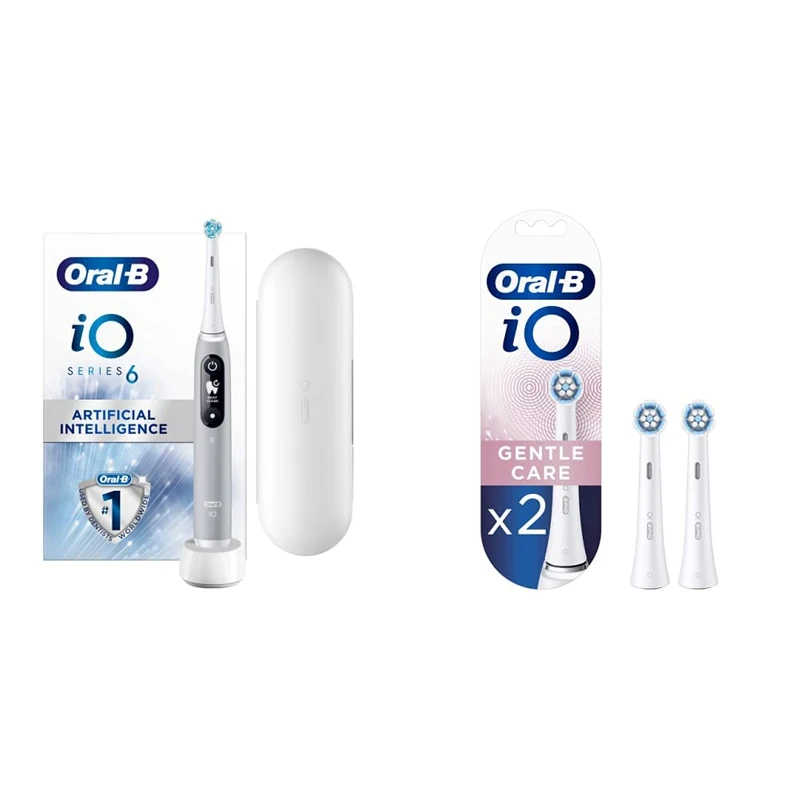 Oral-B iO6 Electric Toothbrush, 1 Toothbrush Head & Travel Case, 5 Modes with Teeth Whitening, Grey Opal & iO Gentle Care Electric Toothbrush Head, Pack of 2, White
