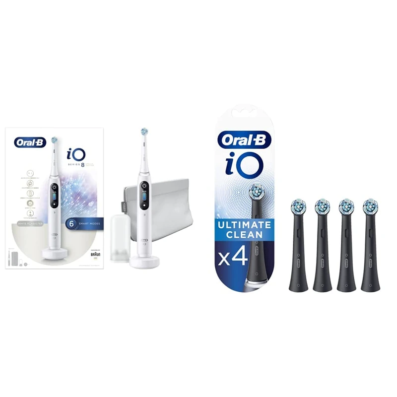 Oral-B Special Edition iO - 8 - White with Magnetic Pouch and iO Ultimate Clean Electric Toothbrush Head, Twisted & Angled Bristles for Deeper Plaque Removal, Pack of 4, Black