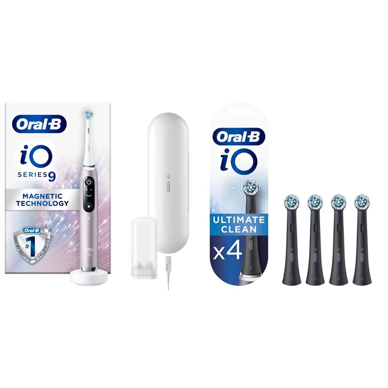 Oral-B iO - 9 - Rose and iO Ultimate Clean Electric Toothbrush Head, Twisted & Angled Bristles for Deeper Plaque Removal, Pack of 4, Black