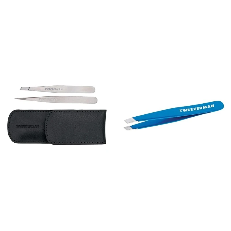 Tweezerman Black Petite Tweeze Set & Bahama Blue Stainless Steel Mini Slant Tweezer