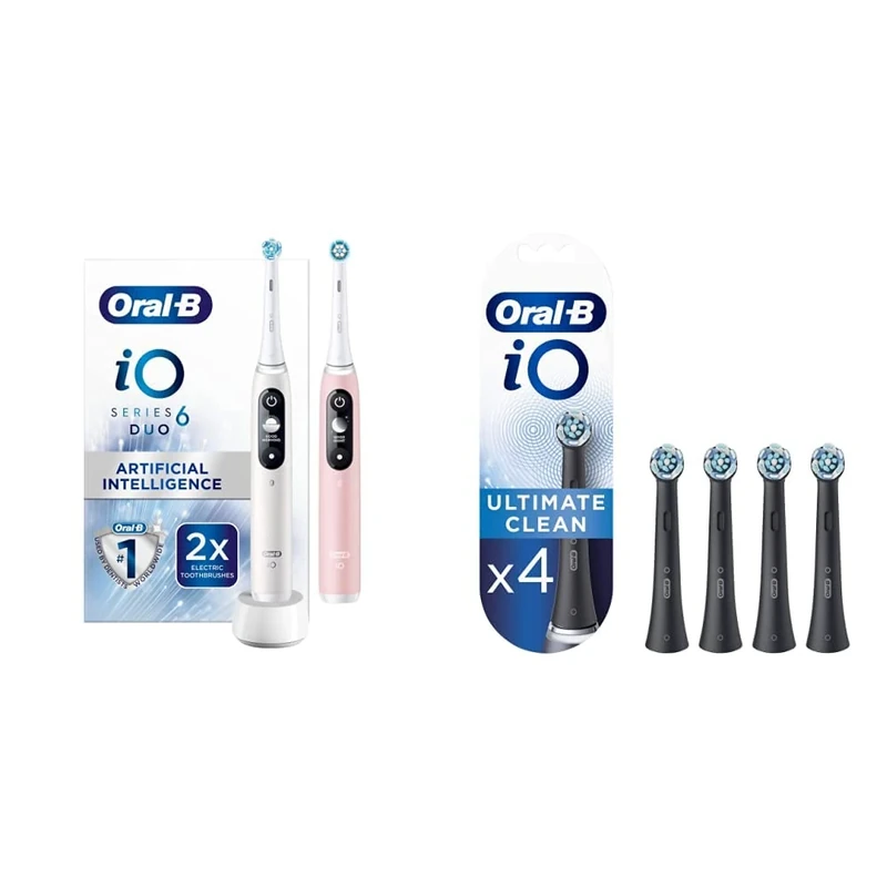 Oral-B iO6 2X Electric Toothbrushes, 2 Handles, 2 Toothbrush Heads, 5 Modes with Teeth Whitening, White & Pink & iO Ultimate Clean Electric Toothbrush Head, Black, 4 Count (Pack of 1)
