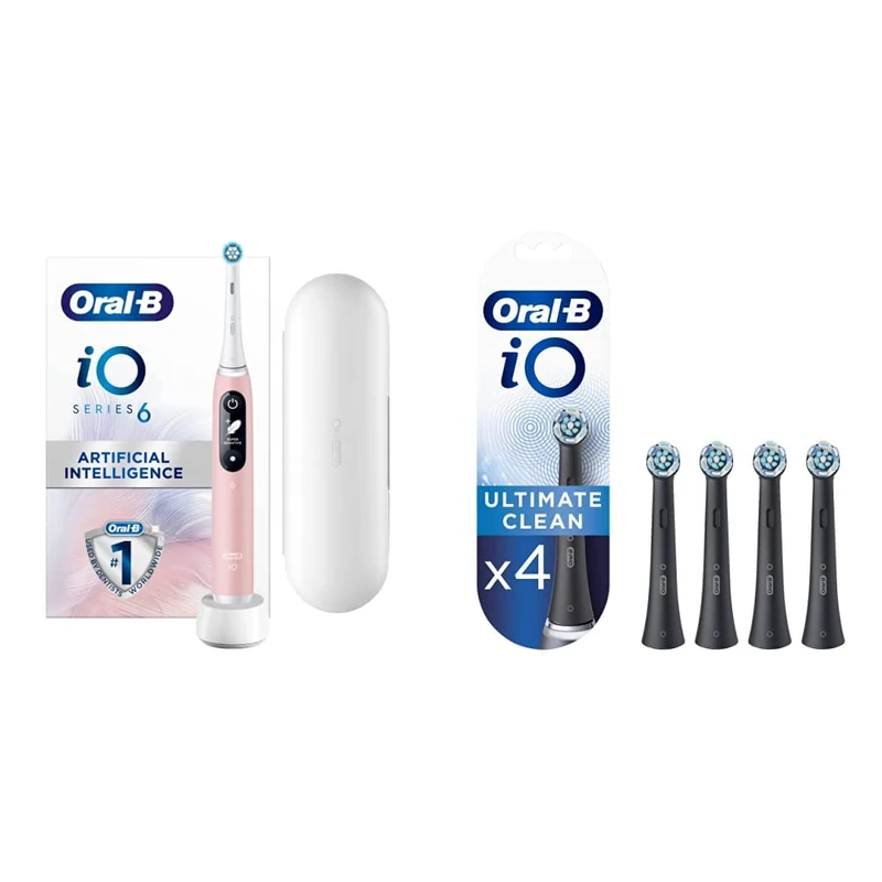 Oral-B iO6 Pink Sand Ultimate Clean Electric Toothbrush and iO Ultimate Clean Electric Toothbrush Head, Twisted & Angled Bristles for Deeper Plaque Removal, Pack of 4, Black - Image 1