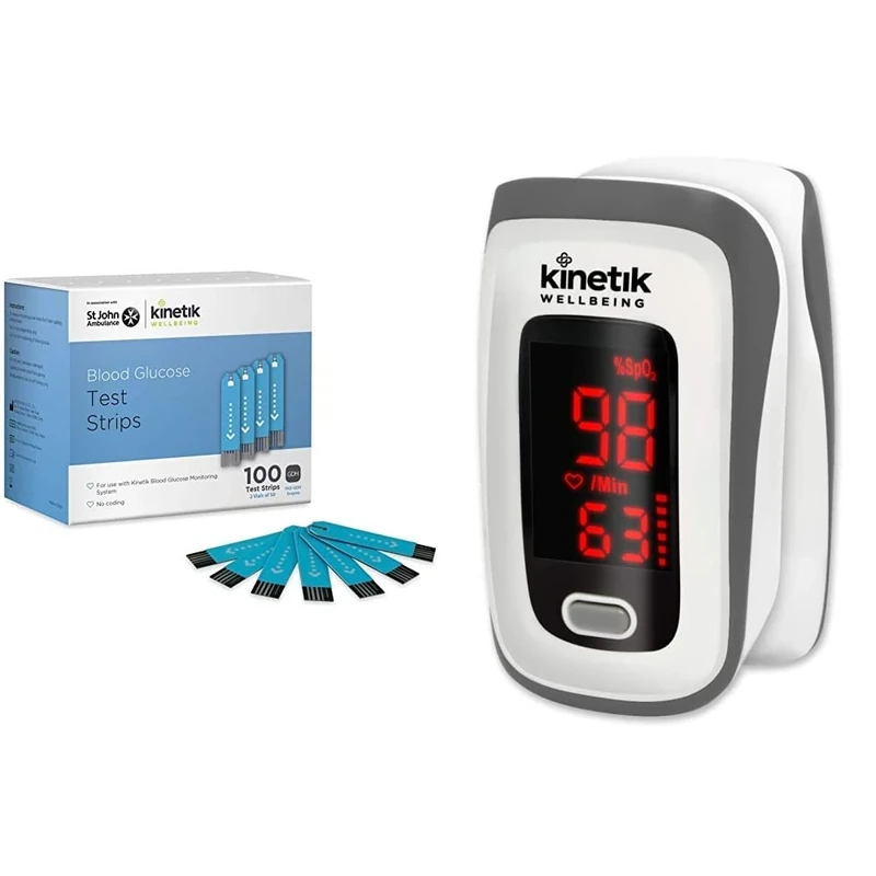 Kinetik Wellbeing Blood Glucose Test Strips (Pack of 100) – Used by The NHS – Test Strips Available on Prescription & Finger Pulse Oximeter – in Association with St John Ambulance