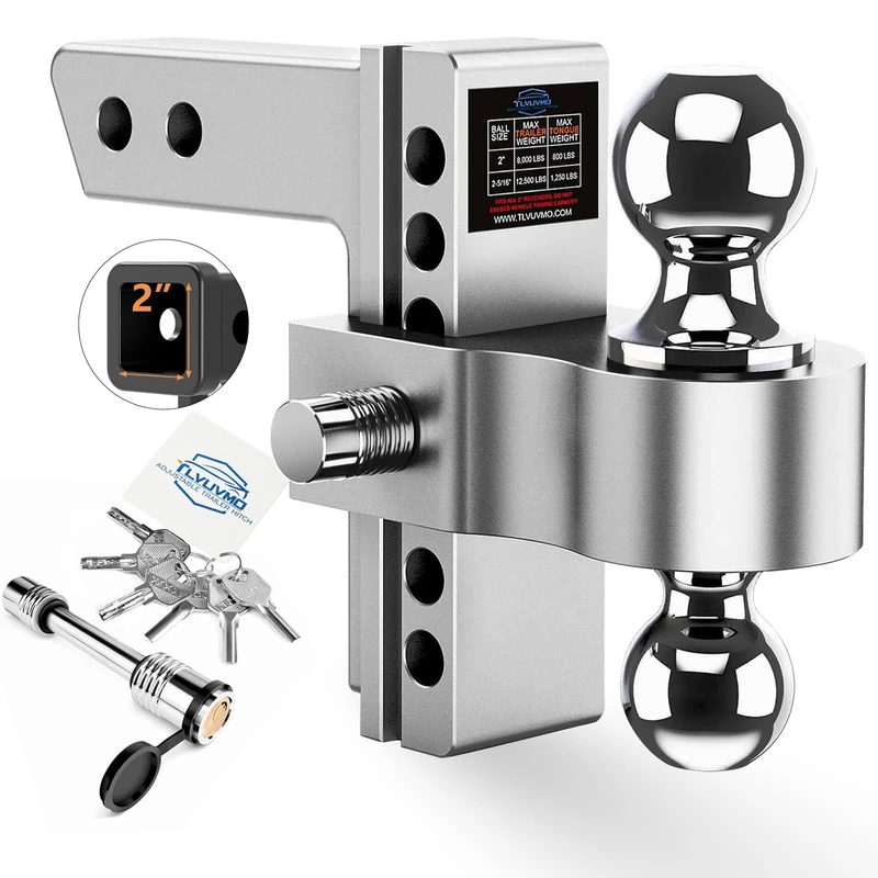 Tlvuvmo Adjustable Trailer Hitch - 6 Inch Drop/Rise Hitch Ball Mount for 2 Inch Receiver, 12,500 GTW, 2" and 2-5/16" Stainless Steel Tow Balls, Aluminum Tow Hitch with Double Anti-Theft Pins Locks