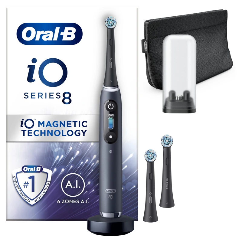 Oral-B iO8 Black Electric Toothbrush + Oral-B iO Ultimate Clean Black Toothbrush Heads x 3
