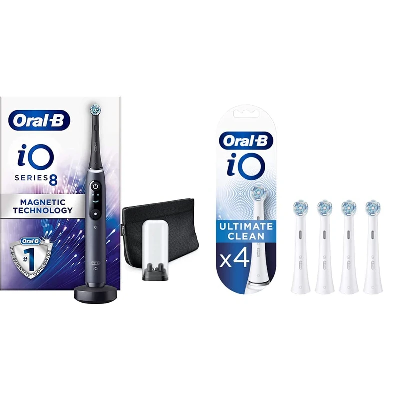 Oral-B iO8 Electric Toothbrush, 1 Ultimate Clean Toothbrush Head & Magnetic Pouch, 6 Modes with Teeth Whitening, 2 Pin UK Plug, Black & iO Ultimate Clean Electric Toothbrush Head, Pack of 4, White