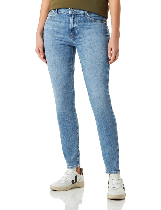 7 For All Mankind Women's HW Skinny Slim Illusion with Embellished Squiggle Jeans, Light Blue, Regular
