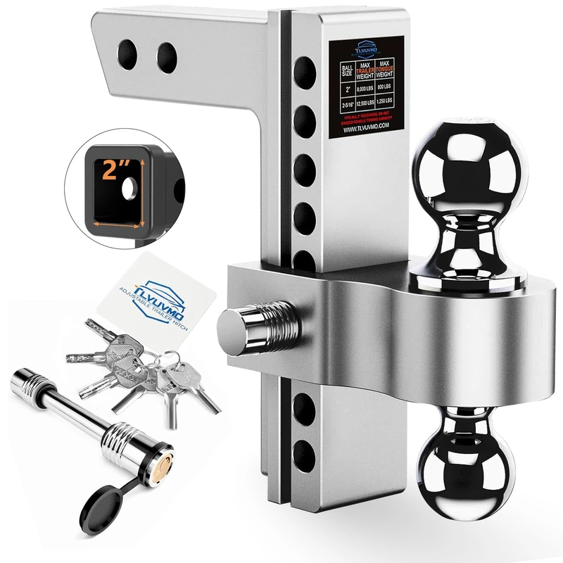 Tlvuvmo Adjustable Trailer Hitch - 8 Inch Drop/Rise Hitch Ball Mount for 2 Inch Receiver, 12,500 GTW, 2" and 2-5/16" Stainless Steel Tow Balls, Aluminum Tow Hitch with Double Anti-Theft Pins Locks