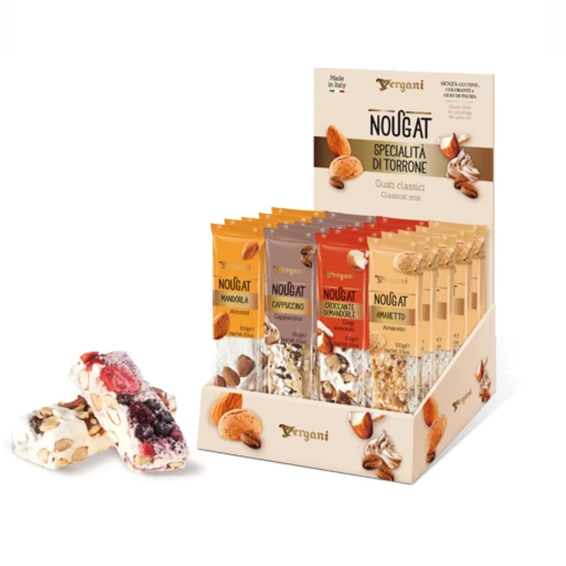 VERGANI CLASSIC FLAVOUR MIXED BAR COUNTER DISPLAY BOX - Prefect for retail point of sale - 20 x 100g bars of Nougat in Almond, Cappuccino, Crisp almonds & Amaretto flavours