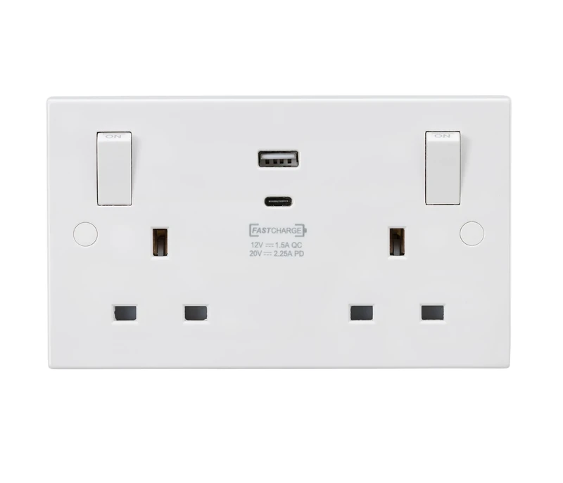Knightsbridge Square Edge White 13A Double Switched Socket with Outboard Rockers and Dual USB (A+C) QC18W/ USB-PD 45W (SN9003)