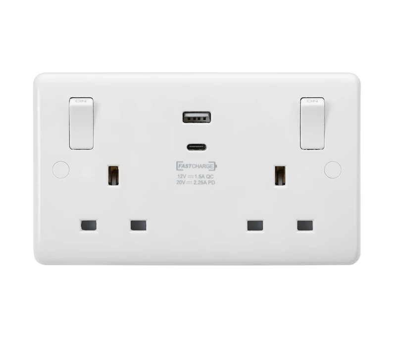 Knightbridge Curved Edge White 13A Double Switched Socket with Outboard Rockers and Dual USB (A+C) QC18W / PD45W (CU9003)