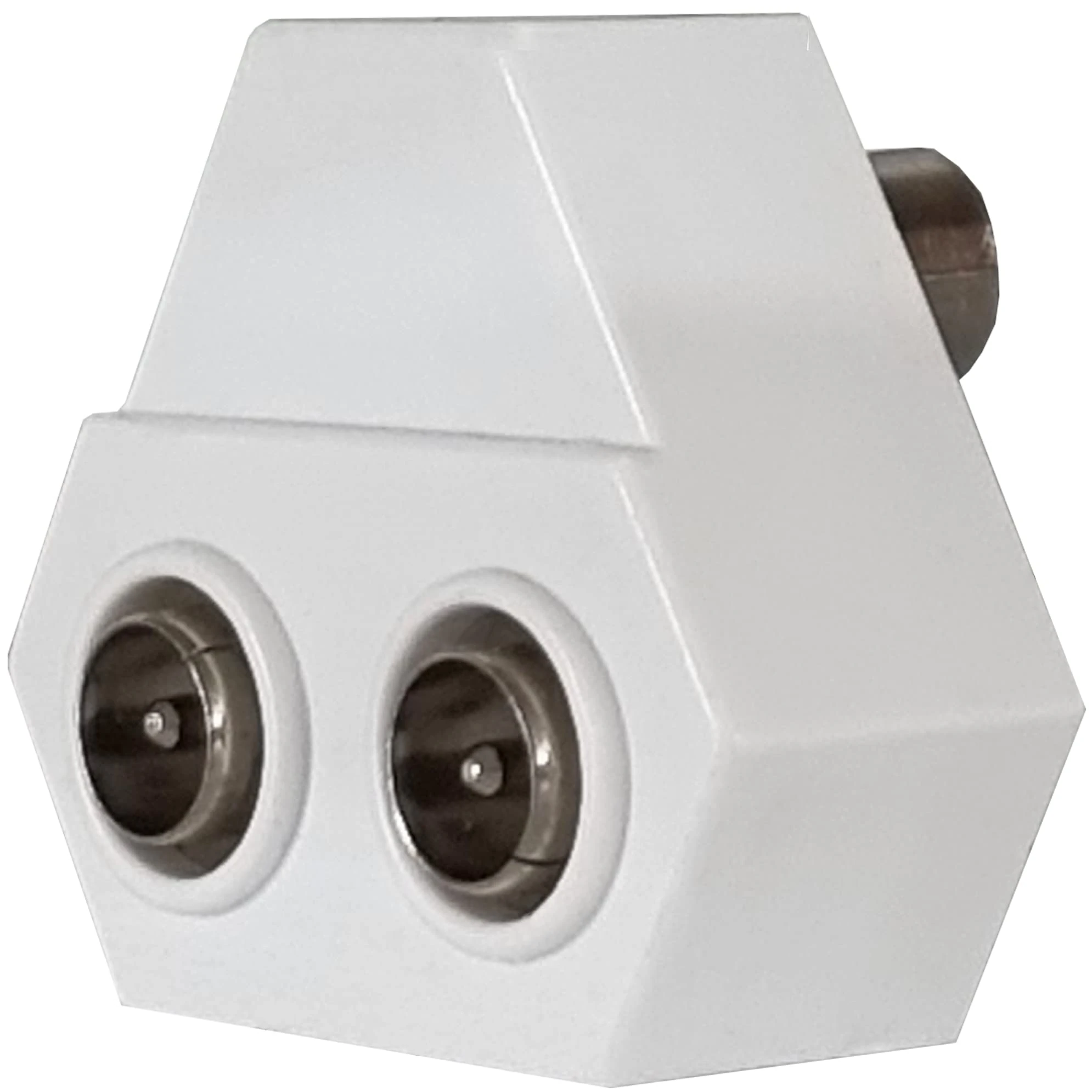 1STec 90° Right Angled 2 Way Diplex Triplex use Coax Connector Roof Top Aerial Wire Wall Outlet Splitter for UHF Freeview Digital TV with Push on Coaxial Female that Creates Twin Male Line Out Plugs
