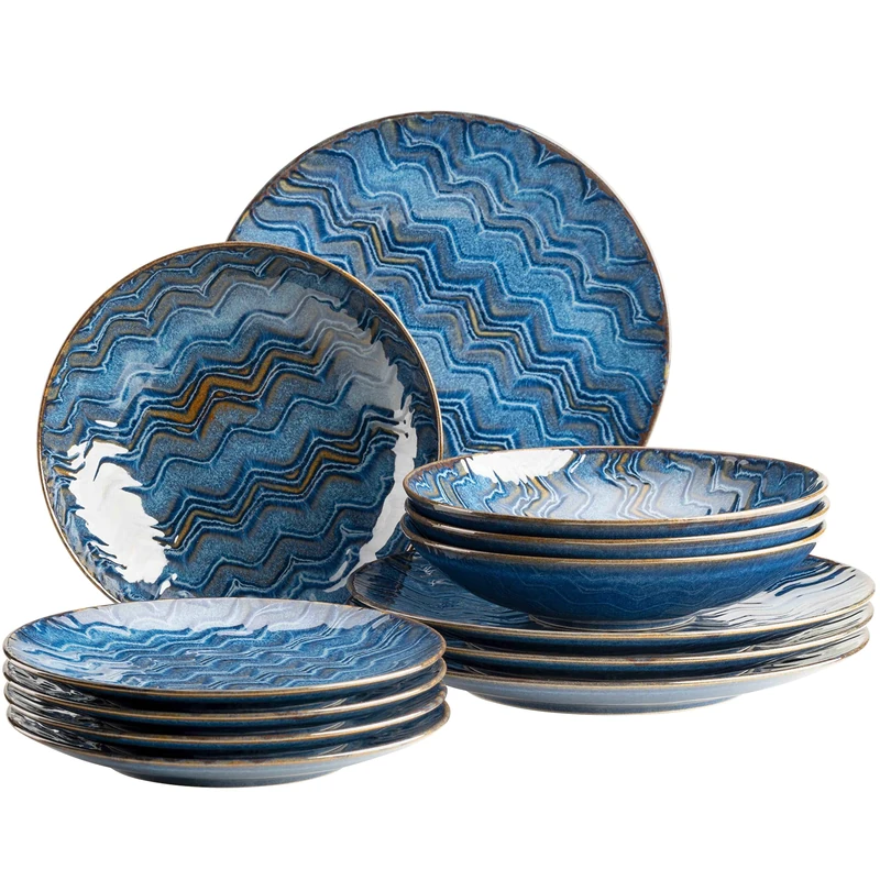 MÄSER 935072 Aquamarine, Exciting Glazed Plate Set for 4 People with Dinner Plates, Soup Plates and Dessert Plates, 12-Piece Dinner Service Made of High-Quality Ceramic, Stoneware, Blue