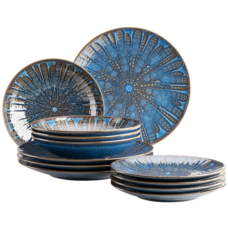 MÄSER 935074 Aquamarine, Exciting Glazed Plate Set for 4 People with Dinner Plates, Soup Plates and Dessert Plates, 12-Piece Dinner Service Made of High-Quality Ceramic, Stoneware, Blue