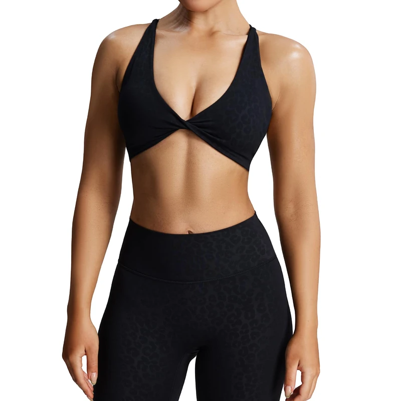 Aoxjox Women's Workout Sports Bras Fitness Backless Padded Sienna Low Impact Bra Yoga Crop Tank Top, Black Leopard Print, S - Image 1