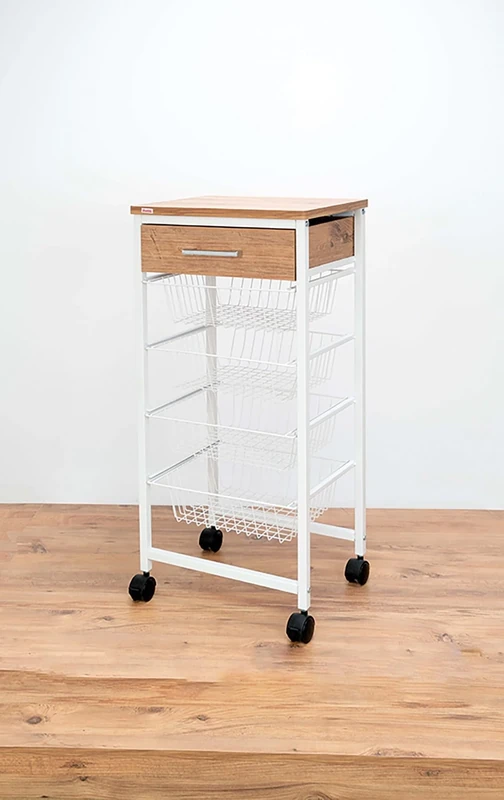Duett Vegetable Trolley with Four Baskets with Wooden Drawer, White, Height 89 cm, 998172