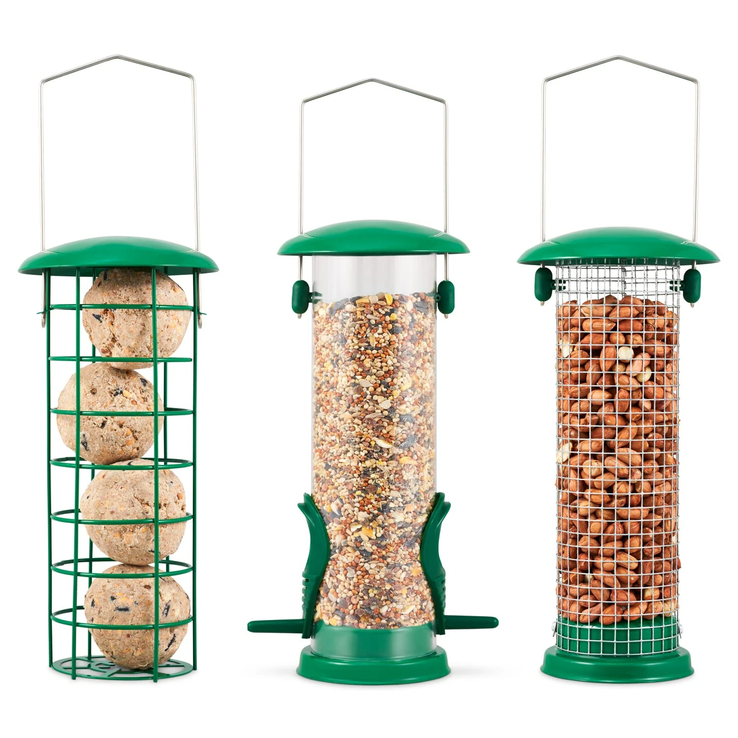 SA Products 3-Pack Metal Bird Feeder - Squirrel-Proof Hanging Bird Feeder Station for Garden, Backyard, Lawn - Set of Tube, Dense Mesh, Coarse Mesh Wild Bird Feeders for Nuts, Seeds, Fat Balls - Green