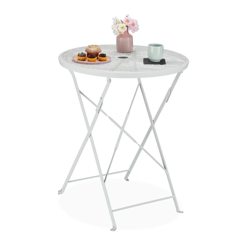 Relaxdays Side, Umbrella Hole, Terrazzo Pattern, HxD: 71.5 x 60.5 cm, Steel, Foldable, Round Garden Table, White, 71.5 x 60.5 x 60.5 cm