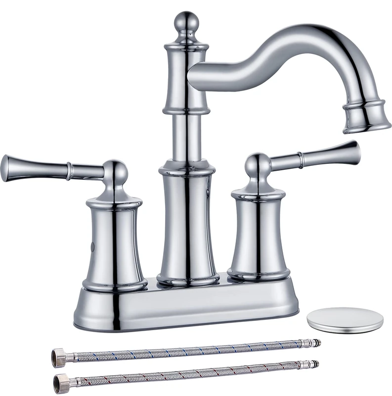 WINKEAR Centerset Bathroom Sink Faucet Chrome 2 Handles Fit for 2 Holes Deck Mount Installation Pop-up Drain Assembly with Overflow Deck Plate and Water Supply Lines Included