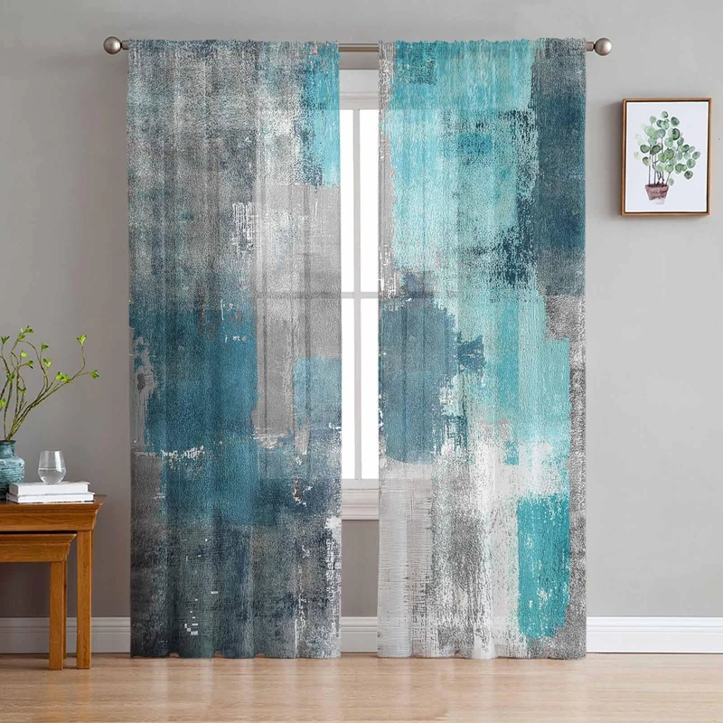 PIEPLE Turquoise Blue Grey Sheer Curtains 84 Inch Length 2 Panels Set for Living Room/Bedroom, Teal Abstract Art Painting Semi Curtain Sheers Drapes Rod Pocket Curtains Window Treatment Set