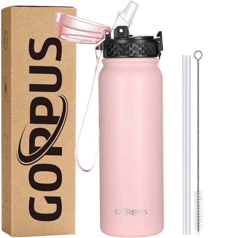 GOPPUS 600ml Stainless Steel Water Bottle with Straw and Strap