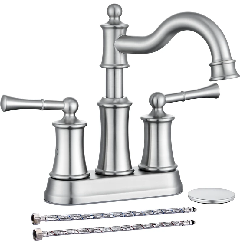 WINKEAR Centerset Bathroom Sink Faucet Brushed Nickel 2 Handles Fit for 2 Holes Deck Mount Installation Pop-up Drain Assembly with Overflow Deck Plate and Water Supply Lines Included