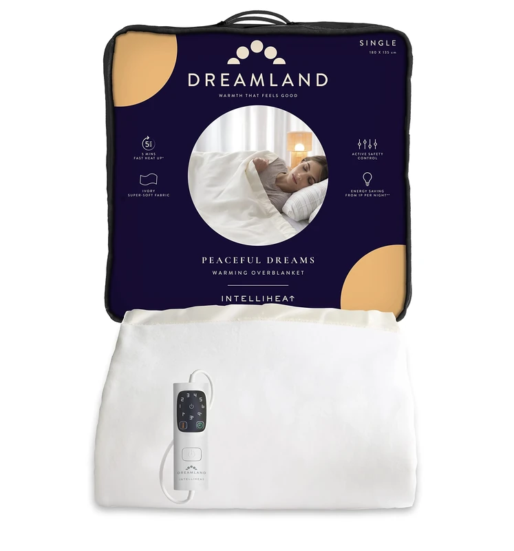 Dreamland Peaceful Dreams Electric Blanket – Single Size, Fast heat up, Overblanket, 6 heat settings, auto safety controls, timer, machine washable, detachable control, Single Controller, 180 x 135 cm