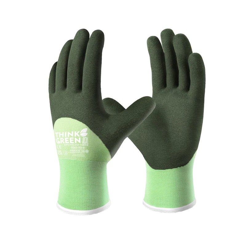 COOLJOB Winter Gloves for Men & Women, Thermal Work Gloves with Recycled Polyester, Anti Slip 3/4 Coated Gardening Work Gloves with Soft Warm Terry Inner, Green, Small, 1 Pair S