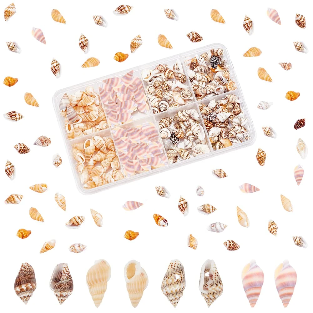 PH PandaHall 260pcs 4 Styles Mini Seashells, 7~20mm Tiny Sea Shells with Holes for Epoxy Resin Ceafts Hair Clip Jewellery Making Natural Conch Shell Drilled Shells for Christmas Garden Home Decor