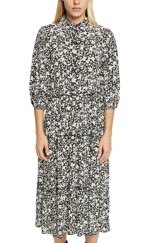 ESPRIT Floral Ruffle Midi Dress, Black, 8