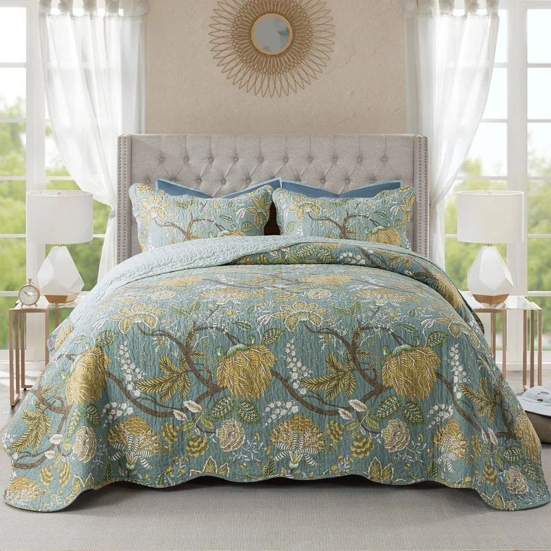 NEWLAKE Cotton Bedspread Quilt Sets-Reversible Patchwork Coverlet Set, Green Floral Pattern, Queen Size