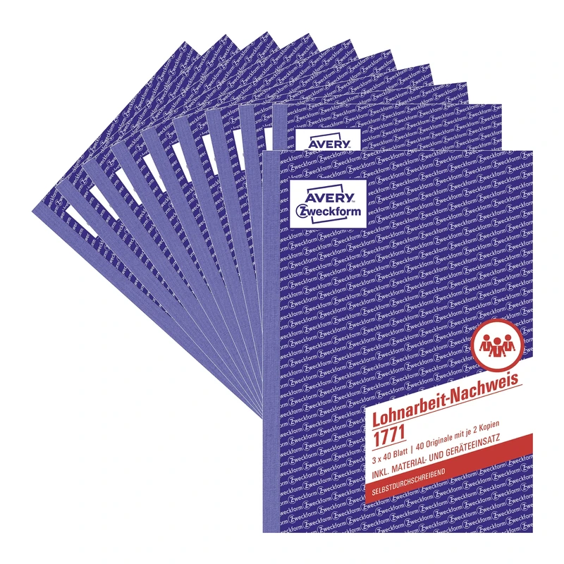 AVERY Zweckform 1771-10 A5 Copying Work Certificate (Copying, for Germany/Austria, Tested by Legal Experts, for Hourly Recording, 3 x 40 Sheets), Pack of 10, White/Yellow/Pink, Blue