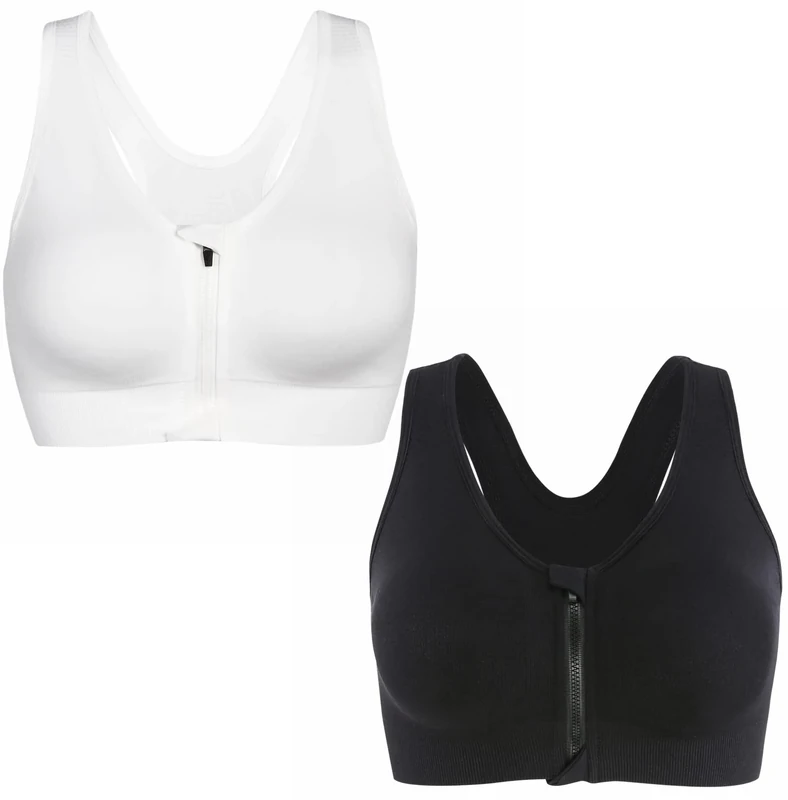 CLOUSPO Sports Bra Post Surgery Bra Zip Front Wireless with Removable Pads Yoga Bra for Workout Fitness(L,Black+White)