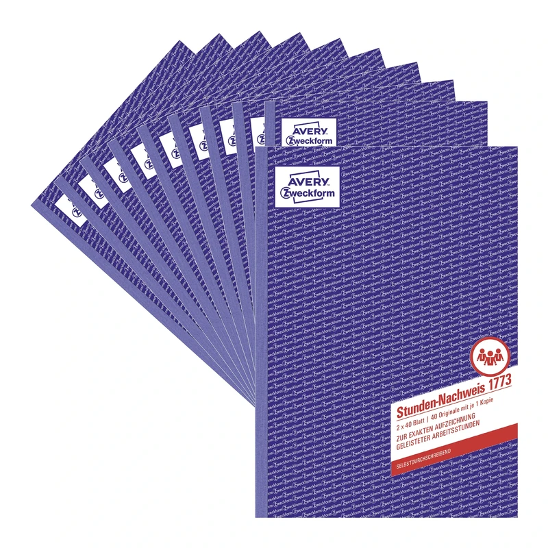 AVERY Zweckform 1773-10 Hour Proof (A4, self-Copying, Tested by Legal Experts, for Germany and Austria for Complete Working time Recording, 2 x 40 Sheets), Pack of 10, White/Yellow, Blue