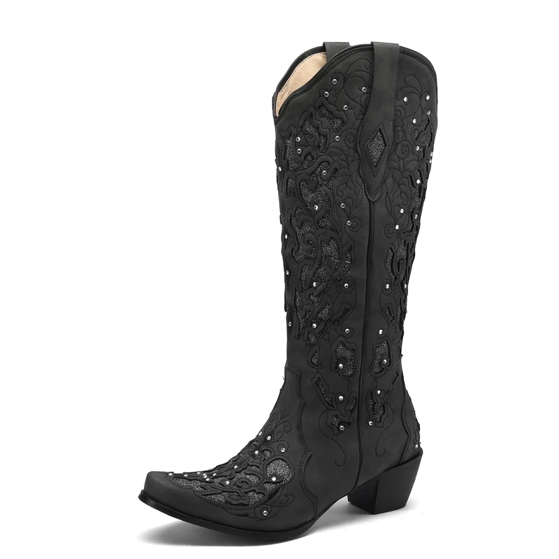 SaraIris Cowboy Boots for Women Cowgirl Boots Western Boots Chunky Heel Pointed Toe Pull On Rhinestones Embroidered Knee High Boots Mid Calf Boots, 1 Black, 6 UK - Image 1