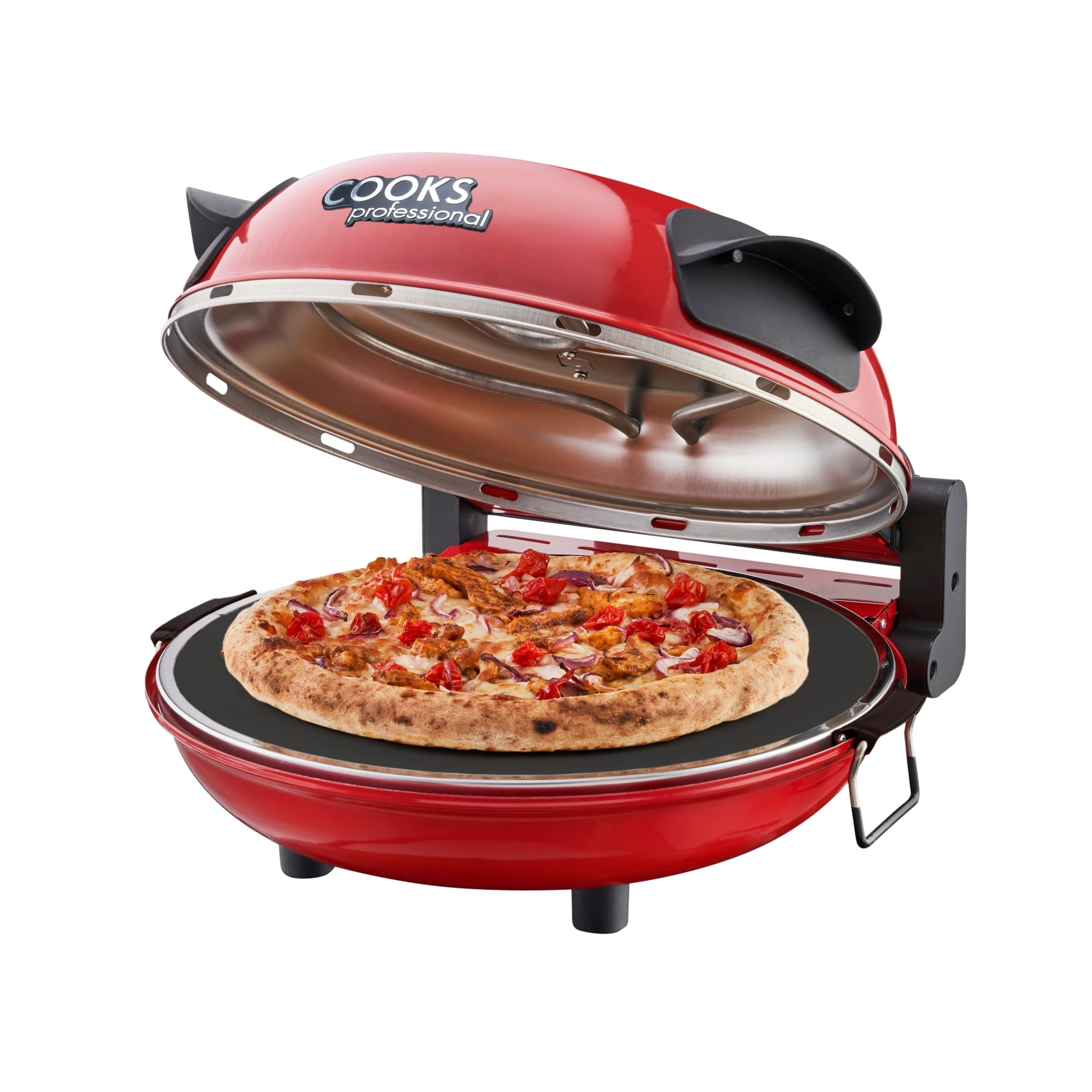 Cooks Professional Electric Pizza Oven with 31cm Stone Base, Glass Window, Timer, Stainless Steel Paddles & Baking Sheet | Energy Efficient Portable Countertop Pizza Maker Machine 1200W | Red
