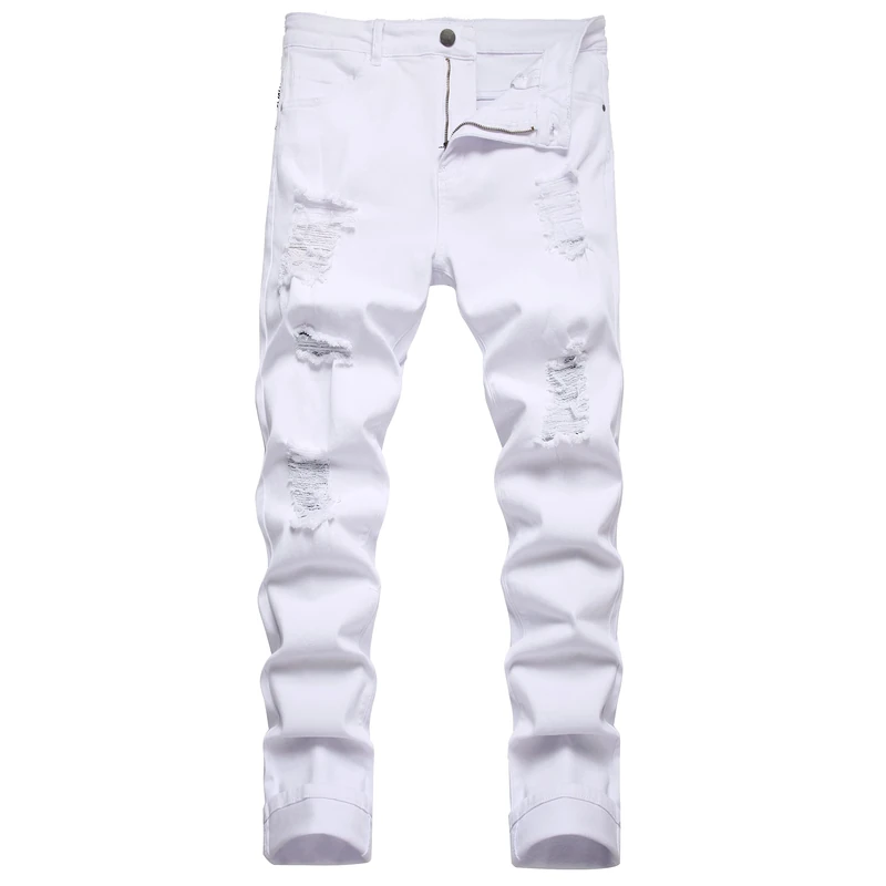 QIMYUM Mens Ripped Jeans, Distressed Destroyed Slim Fit Straight Leg Denim Pants, White7021, 30