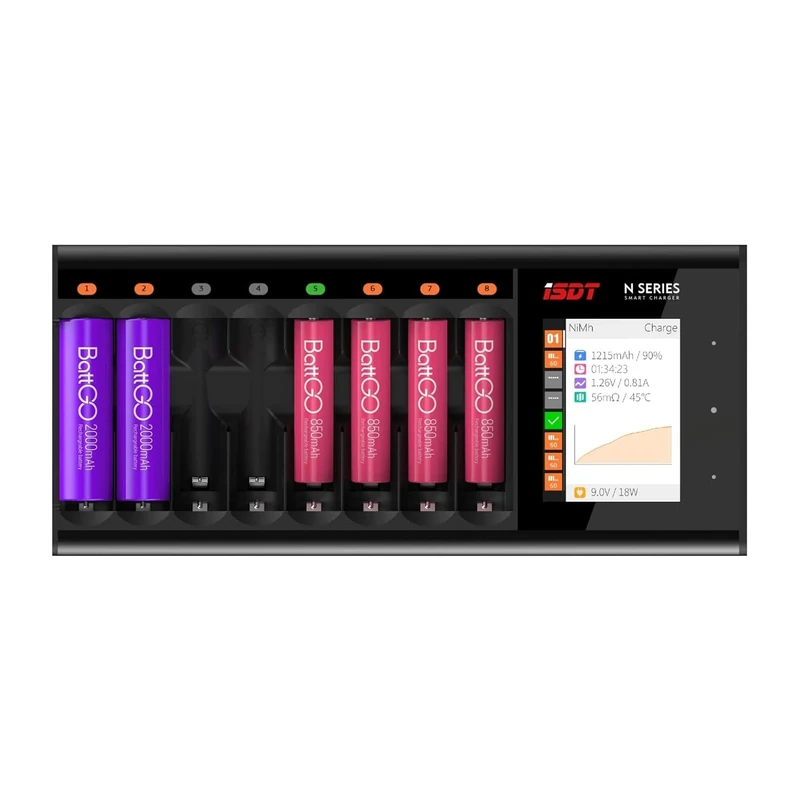 ISDT N8 8 Slot Rapid Charger, 18W Smart LCD Colour Screen, AA/AAA with Charge Cycle, Discharge, Analyse, Charger for Li-lon LiHv Ni-MH Ni-Cd LiFePO4 Rechargeable Batteries