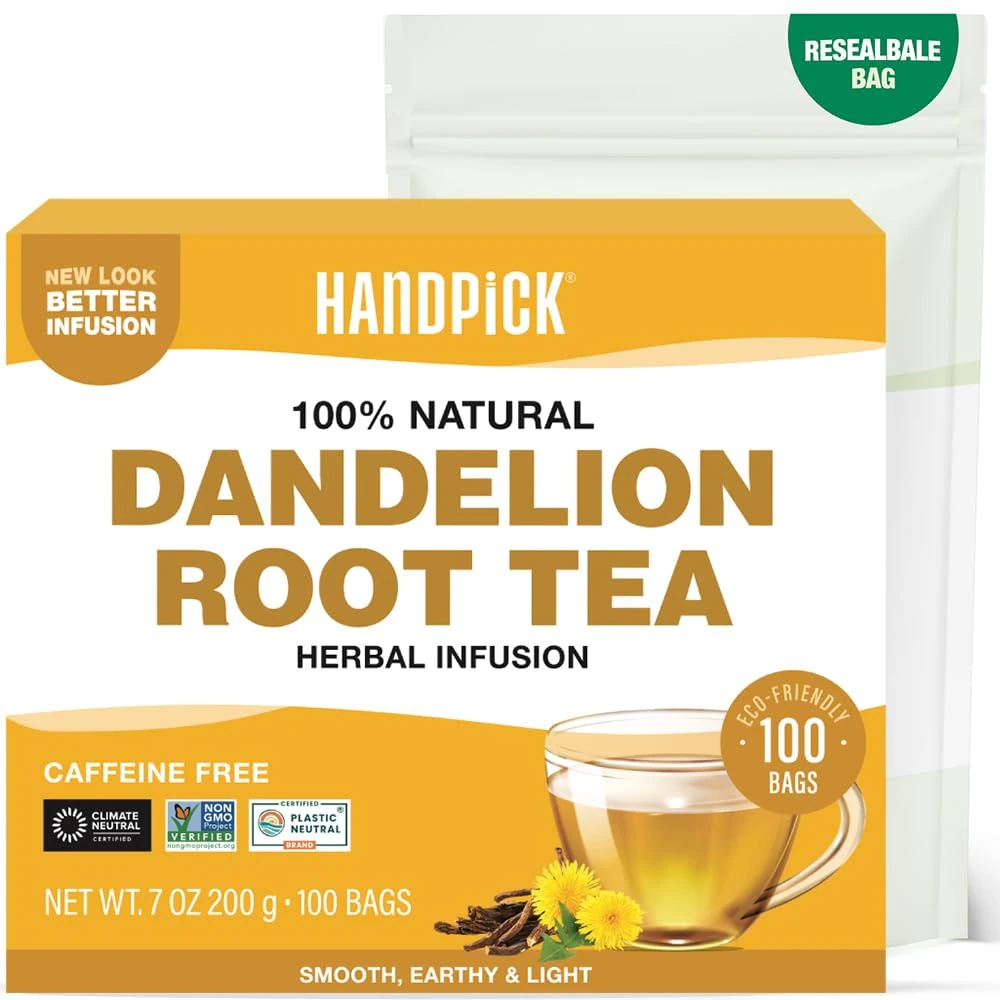 HANDPICK, Dandelion Root & Leaf Tea Bags (100 Herbal Tea Bags) Caffeine-Free Herbal Blend | Eco-Conscious Teabags | Direct from Source