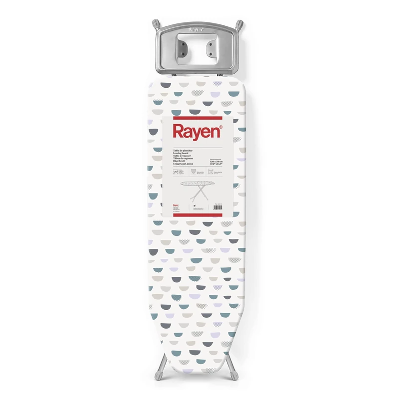 Rayen | Ironing Board - Basic Range | Adjustable Height | Metal Mesh | Iron Rest | Gray Frame and White Patterned Cover | Dimensions: 120 x 38 cm - Image 1