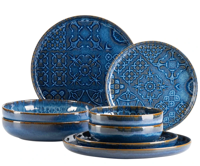 MÄSER 934063 Tiles Series Modern Vintage Crockery Set for 2 People in Moorish Design 8-Piece Dinner Set with Plates and Bowls Made of High-Quality Ceramic Stoneware Blue
