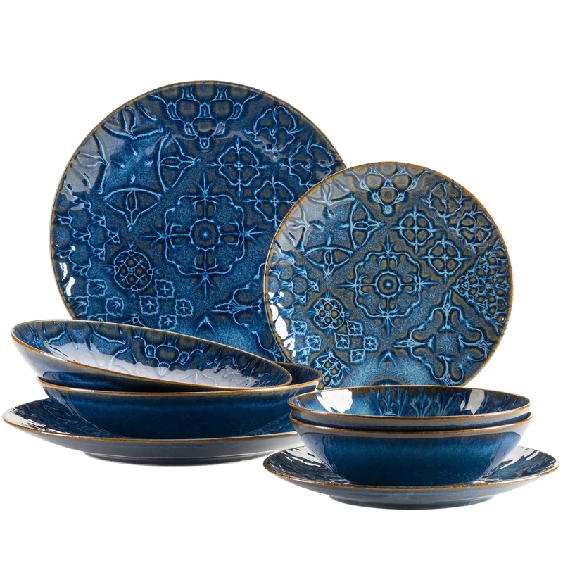 MÄSER 935078 Tiles Series Modern Vintage Crockery Set for 2 People in Moorish Design 8-Piece Dinner Set with Plates and Bowls Made of High-Quality Ceramic Stoneware Blue