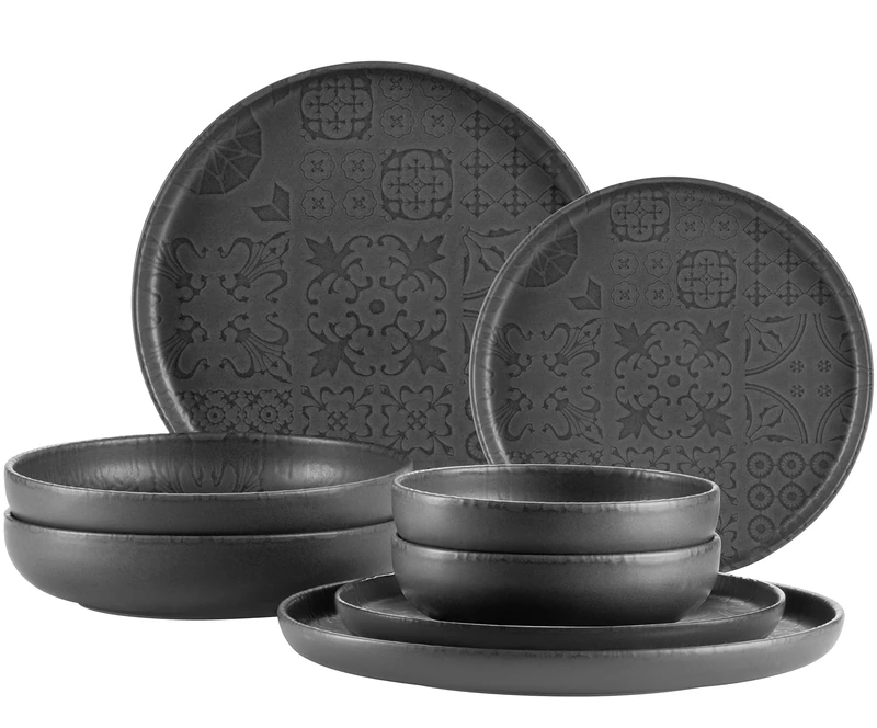 MÄSER 934064 Tiles Series Modern Vintage Crockery Set for 2 People in Moorish Design with Matte Glaze, 8-Piece Dinner Set with Plates and Bowls Made of High-Quality Ceramic, Stoneware, Black
