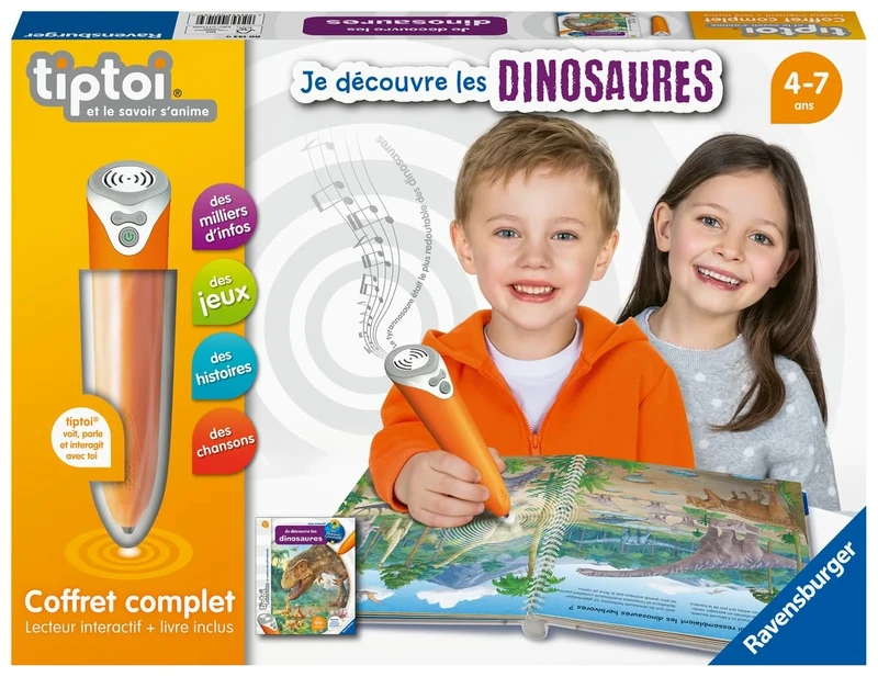 Ravensburger - tiptoi® Complete Set Interactive Reader + Book Je Discover Les Dinosaurs - Electronic Educational Game - No Screen - For Ages 4+ - French Version - 00 143