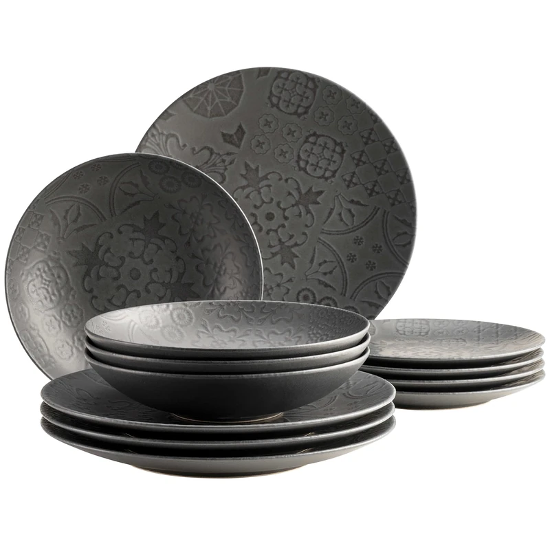 MÄSER 935076 Series Tiles Vintage Dinner Service for 4 People in Moorish Style with Modern Matte Glaze, 12-Piece Ceramic Tableware Plate Set, Stoneware, Black - Image 1