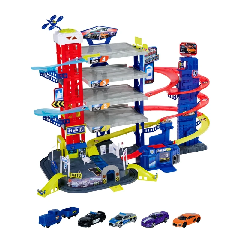 Majorette Super Chase Centre 5 Level Car Parking Garage with Chase for Children from 5 Years Includes Toy Cars, Train, Elevator, Light & Sound