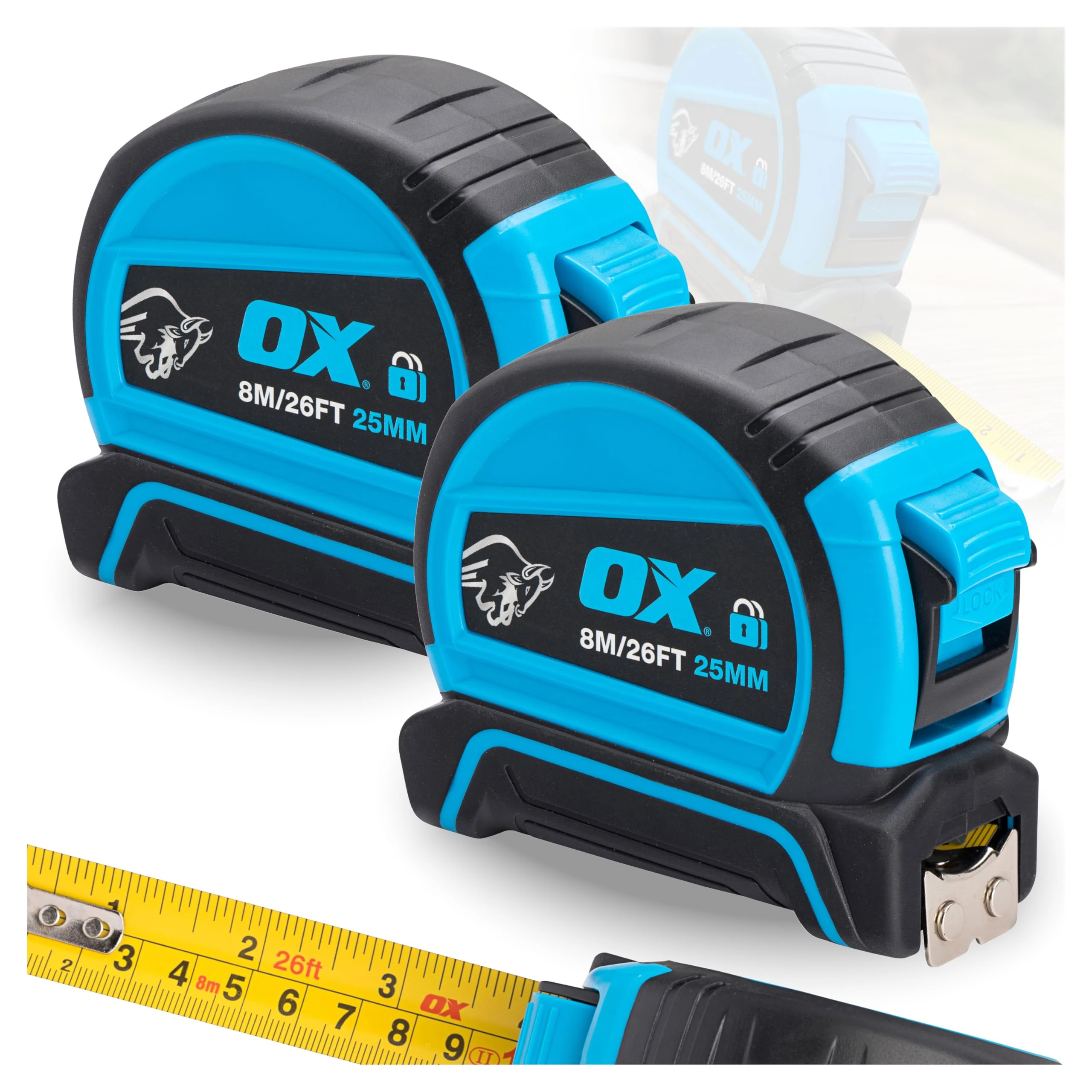 OX Tools Pro Dual Auto Lock Tape Twinpack - 8m / 26ft, Blue (OX-P505488)